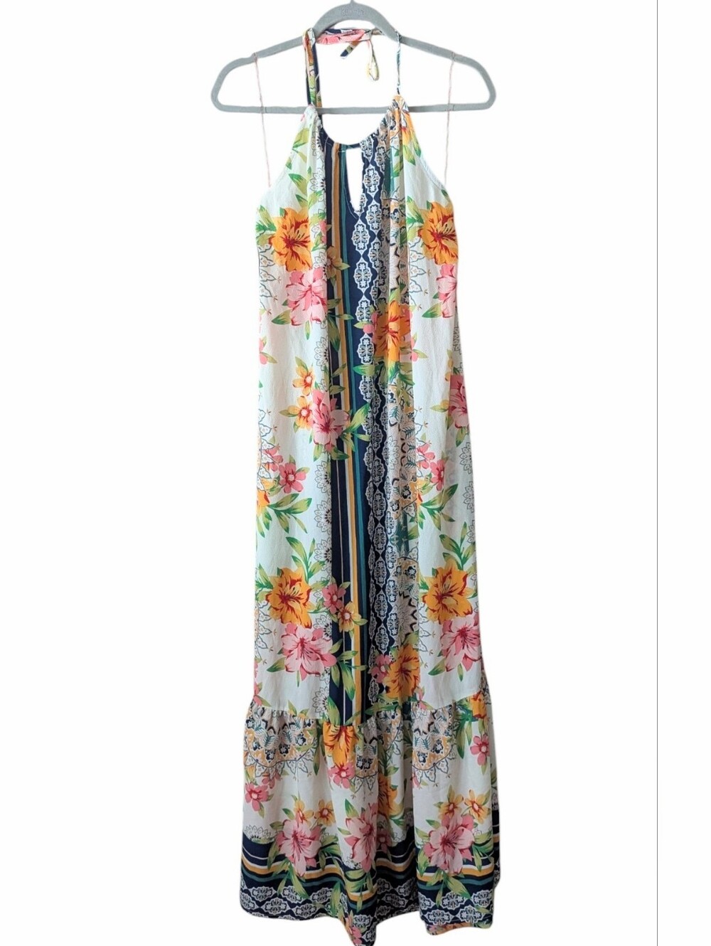 Flying Tomato Halter Floral Boho Maxi Dress Large Blue Festival Resort